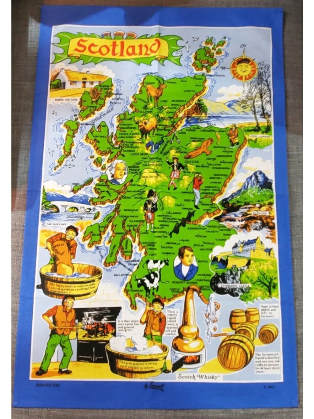 Lamont SCOTLAND MAP whiskey travel SOUVENIR wall TAPESTRY cloth tea dish towel